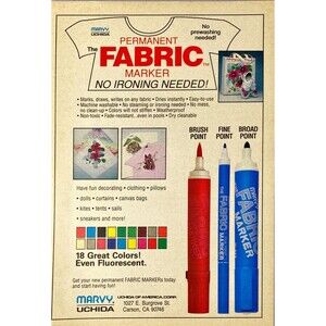 Marvy Uchida Permanent Fabric Marker "No Ironing Needed" Vintage Print Ad 1993